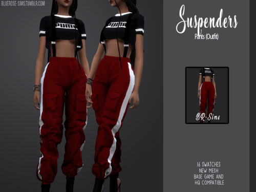 bluerose-sims:  Suspenders pants New Mesh 16 swatches outfit - 17 swatches buttom  Compatible with H