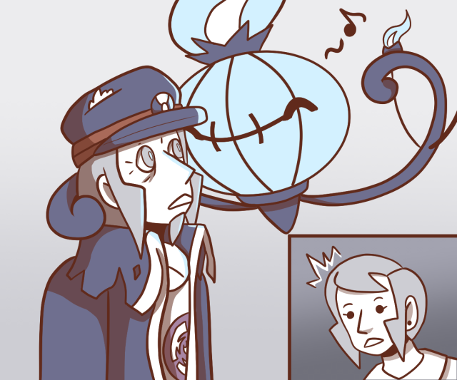 Chandelure wraps one of its arm around a surprised PLA Ingo and hugs him while looking very happy and emitting a sound (music note). In the corner, a panel shows BW Ingo, who seems surprised by this developpment.
