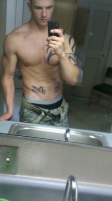 undie-fan-99:  Hot tattooed military stud with his black Hanes exposed 