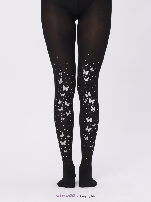Black fairy tights with silver glitter butterfly and rhinestonesSemi-opaque black tights with asym