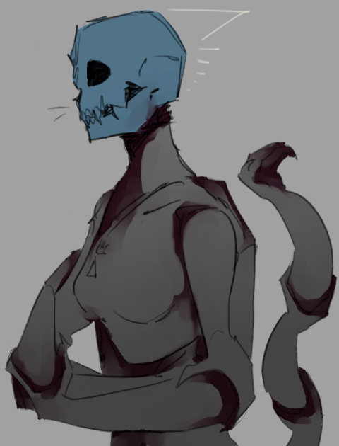 the next doodle is of the hank mannequin in the first level of violence. it faces the left, its skull changed to be more cat-like, and its tail curled up behind it. there are whiskers and a faint pattern resembling its cat ears behind its head