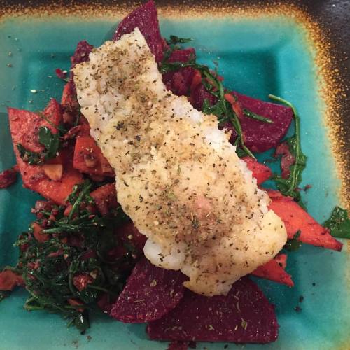 Dukkah spiced cod with warm beet, carrot and arugula salad