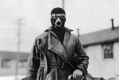 An American pilot wearing a type of breathing apparatus at HazelhurstField on Long Island (WW1).