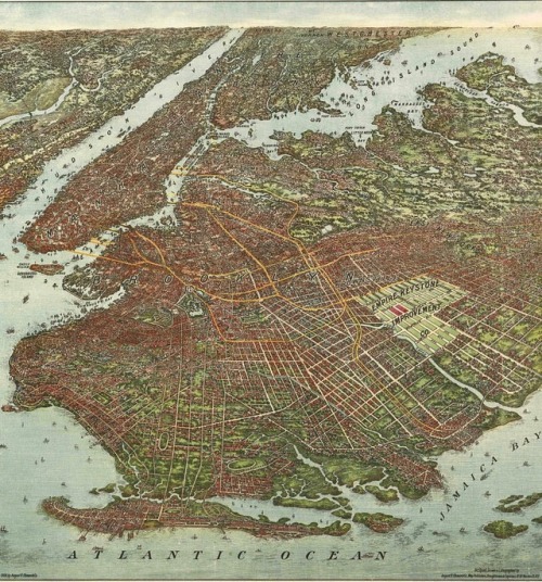 nyc-urbanism: #MapMondays! “Bird’s-Eye View of Brooklyn” circa 1908. The map shows real estate devel