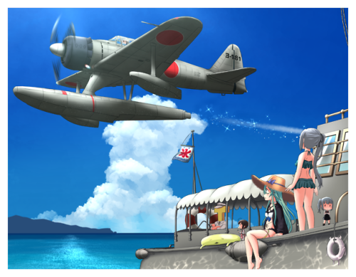 Kasumi & Yamakaze on boat tripAdmiral with Kasumi and Yamakaze in bikini watching A6M2-N low pas