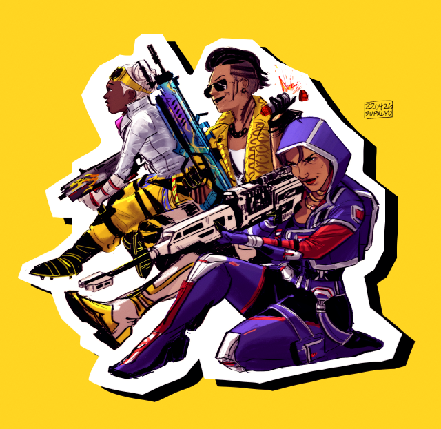 a drawing of lifeline, mad maggie, and loba angled to the left from the back to foreground. lifeline is in her peak performer skin, holding a car smg. maggie is in her mob boss skin, charging up a rampage. loba is in her petty thief skin and is looking down the sights of a kraber. they are surrounded by a white trim with a black shadow on a yellow background.