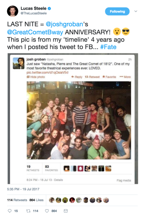 dailygreatcomet:@TheLucasSteele: LAST NITE = @joshgroban’s @GreatCometBway ANNIVERSARY! T