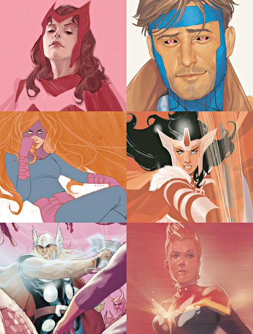 homovikings:  Favorite Artists Meme → Phil Noto  ↳ ft. Amora the Enchantress, Jean Grey, Susan Storm, Reed Richards, Emma Frost, Illyana Rasputina, Elektra Natchios, Matt Murdock, Wanda Maximoff, Remy LeBeau, Medusalith Amaquelin, Lady Sif, Thor