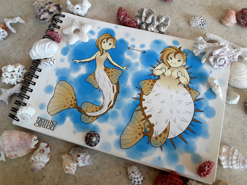 geminineart:A cute Blowfish-inspired mermaid, who’s actually slim but will get all chubby and 