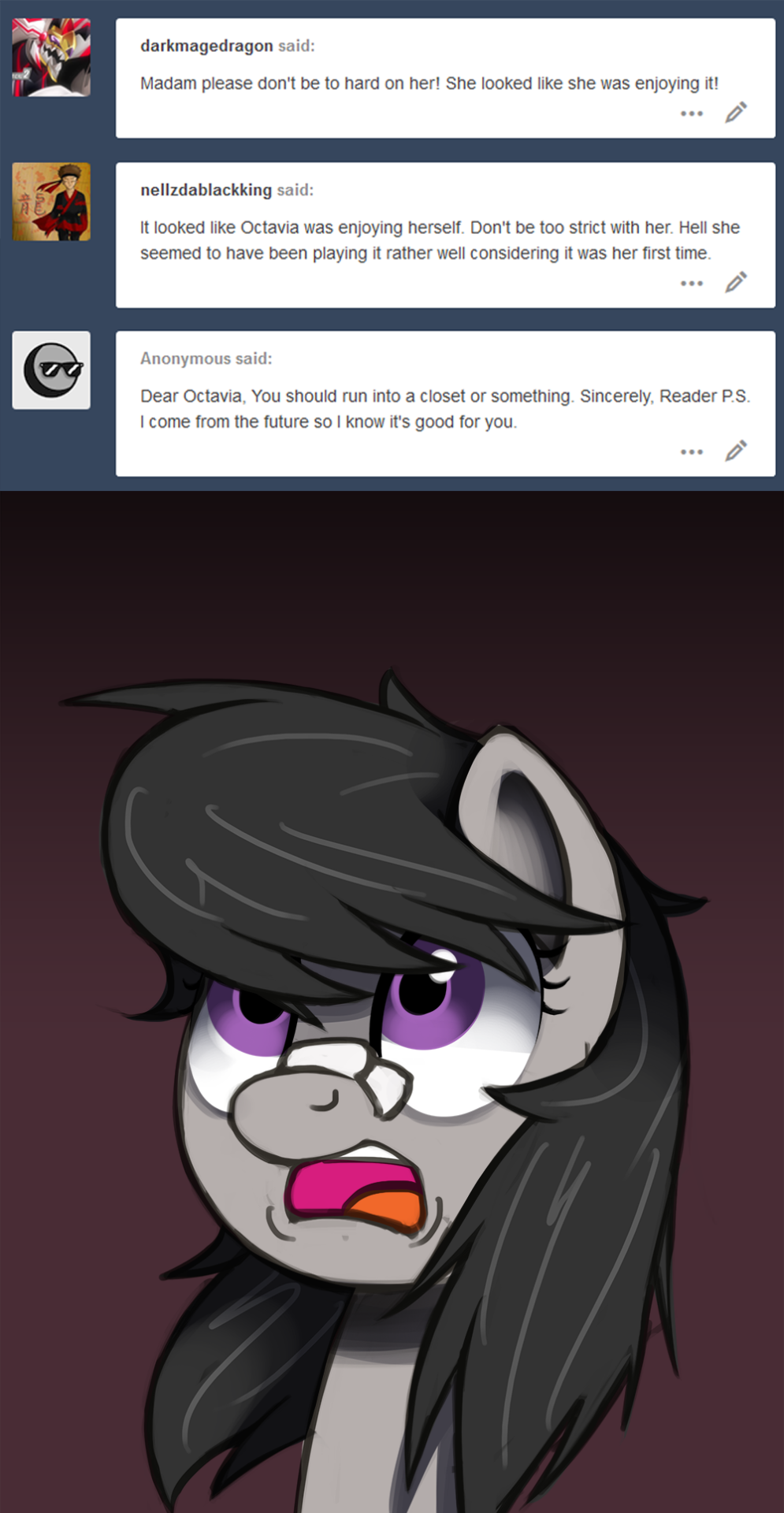 ask-canterlot-musicians:She knows that look. Just not from her. Oh Octy ;w;