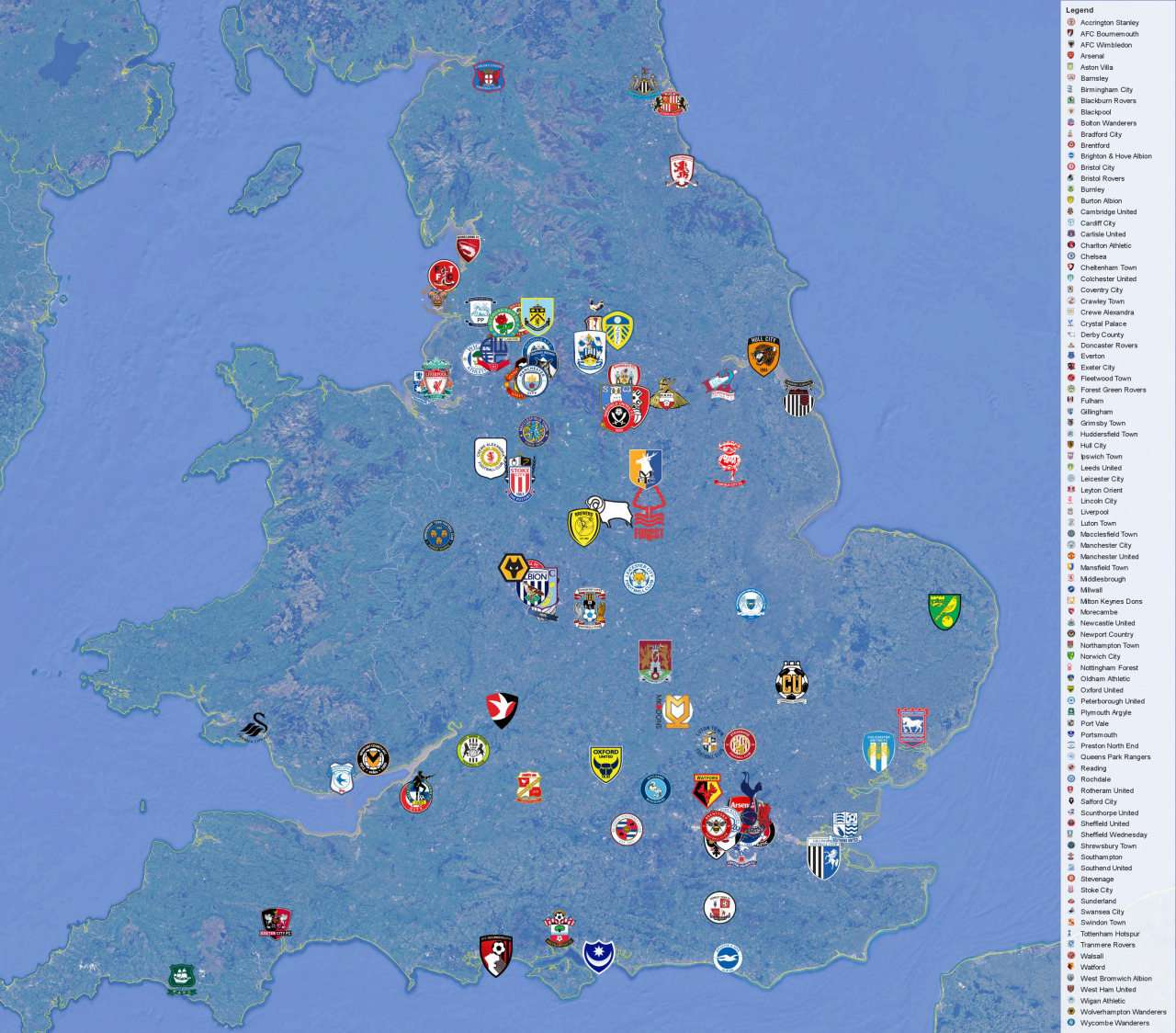 Map of the football clubs from England s top 4 Maps on the Web