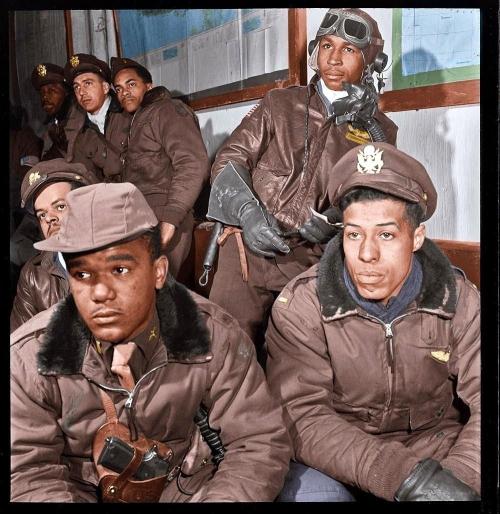 blackhistoryalbum:  BLACK WINGS | 1945Colorized photograph of the Tuskegee Airmen, 32nd Fighter Group, Ramitelli, Italy, 1945.