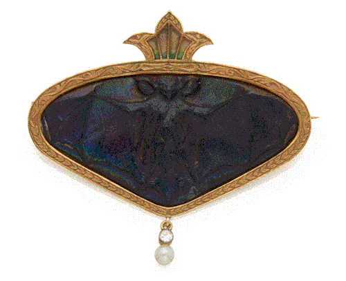 Favrile glass, gold, diamond, seed pearl, and plique-à-jour enamel bat brooch, c. 1900 (at Sotheby’s