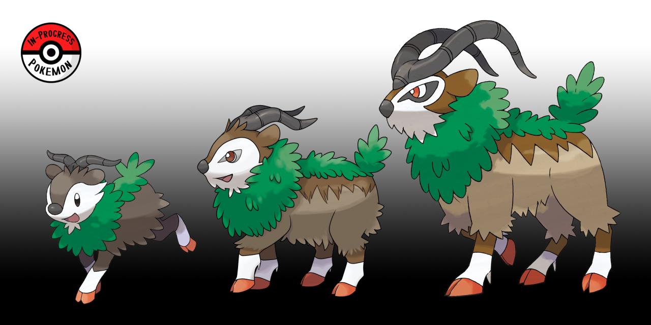 Mundo Pokémon - 673- Gogoat. Tipo: planta. Evolução: Estágio Final.  Histórico: Habitam regiões montanhosas. O líder do rebanho é decidido  através de uma luta com chifres. Pode formar um forte vínculo com