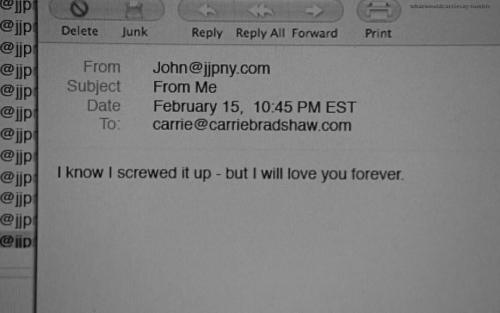 modelbitxchs:  whatwouldcarriesay:  “I had told Louise to put Big in a place where I would never have to hear from him again. As soon as I typed in “love”, there he was. And because Big still didn’t have the words, he retyped a love letter from