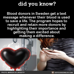 did-you-kno:  Blood donors in Sweden get a text  message whenever their blood is used  to save a life. The program hopes to  recruit and retain more donors by  highlighting their importance and  getting them excited about  making a difference.  Source