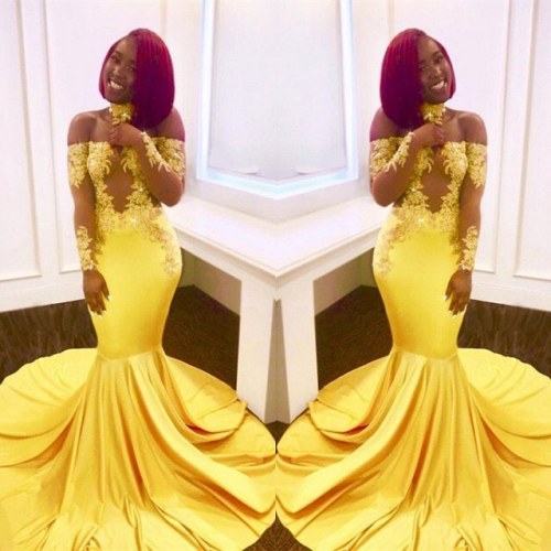 Off the shoulder yellow long sleeve lace mermaid prom dress. Item code:BK049 Site:www.27dress.com Fr