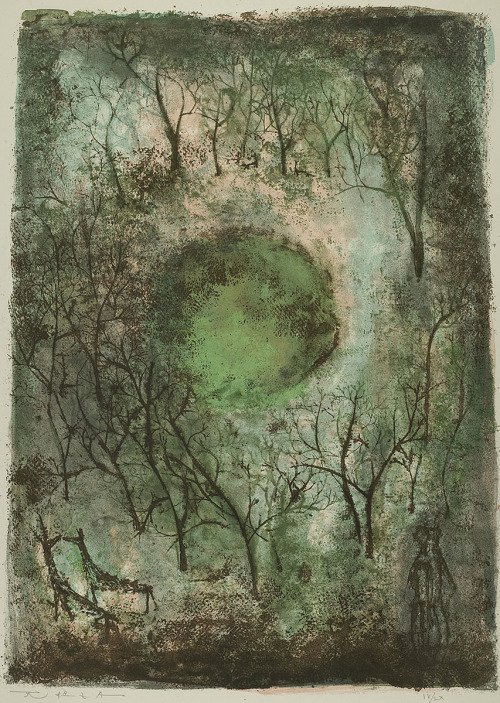 fablesandgables: Le soleil rouge [The Red Sun] - Zao Wou-Ki 1950Color lithograph, 22 3/8 in x 1