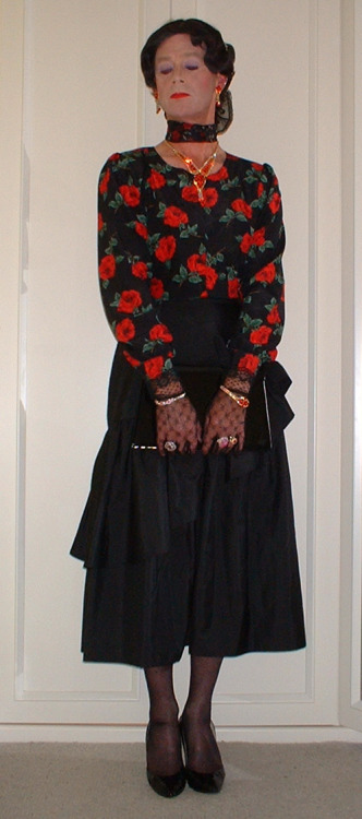Red Rose Blouse and Flounced Satin Skirt