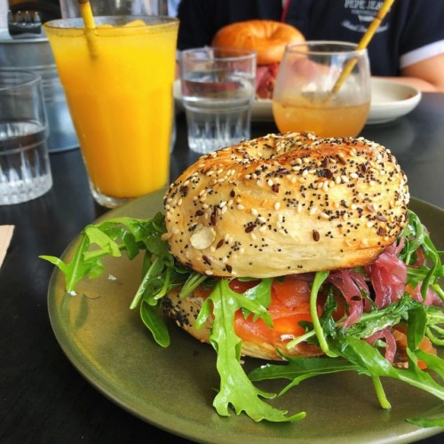 Smoked salmon bagel. ___ #shotoniphone #sydneyeats #sydneycafe #foodporn (at Lox Stock &amp; Bar