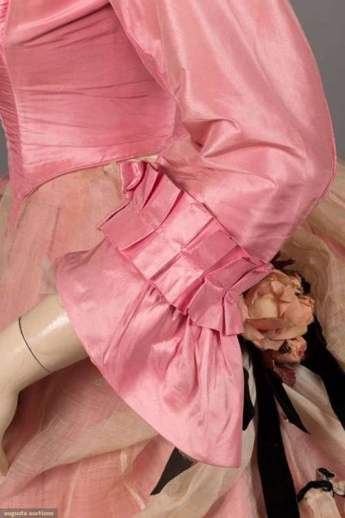 PINK SILK TAFFETA DINNER GOWN, c. 1869Bubblegum pink silk taffeta 3-pc gown w/ square neckline &amp;