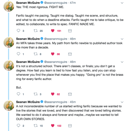 yum-cy:[Transcript of a Twitter thread by Seanan McGuire (@ seananmcguire)]I started writing fiction