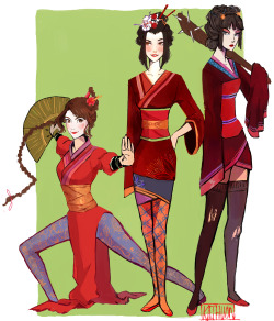 kathuon:  So I was staring at BH6 concept art and the Fujitas really reminded me of Azula, Mai, and Circus Freak…and somehow this happened