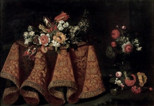 Antonio Gianlisi  (1677-1727)Tulips, poppies and various other flowers on a gold plate on a table wi