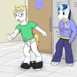 Angel Feather being pants-ed by Shining Armor.