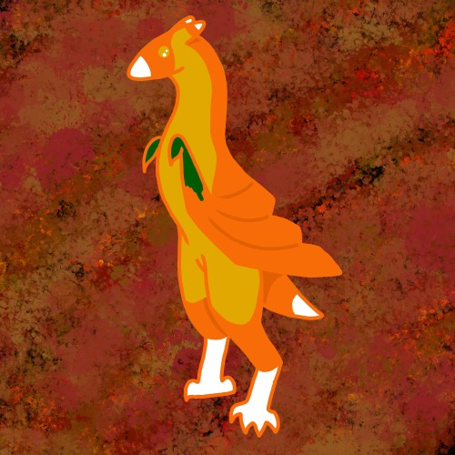 A wyvern with the coloring of a candy corn is shown. It’s wings resemble the candy pumpkins that are sometimes sold along candy corn.