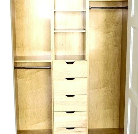 Closet - Reach-InMid-sized, Contemporary, Gender-neutral Reach-in Closet Design With Open Shelves And