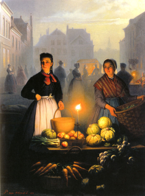 oilpaintinggallery:A Market Stall by Moonlight by Petrus van Schendel