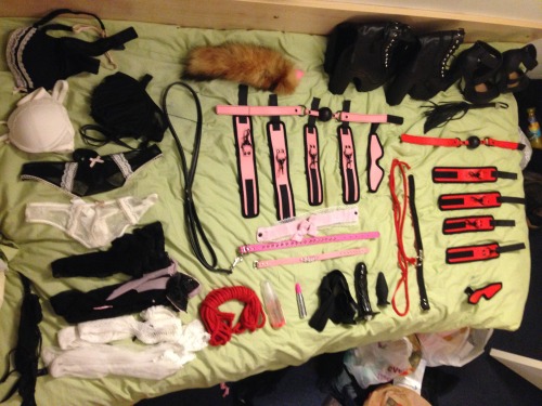 Was organising my sex and bondage gear, and decided to lay everything out and take a picture. This is the collection so far, and have just ordered a new rabbit vibrator, a latex dress and a pair of panties to add to my little slut’s collection (all