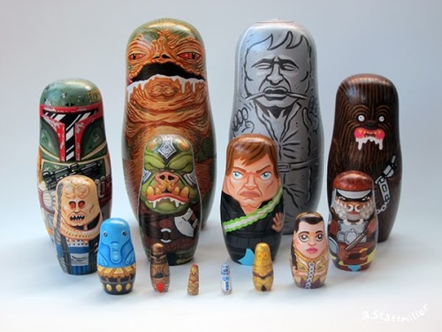 geek-art:  ‪#‎geekart‬ Amazing pop culture Matryoshka Dolls by Andy Stattmiller ! More here http://www.geek-art.net/andy-stattmiller-pop-culture-nesting-dolls/