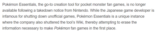 lesbian10008: lesbian10008: NINTENDO DMCA’D POKEMON ESSENTIALS nintendo doesnt lose money from fangames the same way authors dont lose money from people writing fanfics based on their novels. people dont abandon the source material for fan works. this