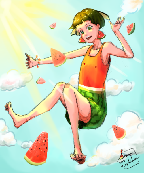 A melon boy. (yes, it’s a he.Summer, full of watermelons. 