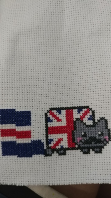 A cute British nyan cat that I’m almost done with.  I’m sick in bed so I have a lot of sewing time now.