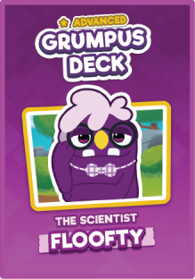 Bugsnax card game card back. Floofty smirking with one hand on the side of their head. Text: "ADVANCED GRUMPUS DECK" and "THE SCIENTIST: FLOOFTY"