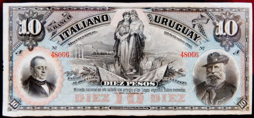 Pesos - #Uruguay 20 settembre de 1887 (sx+ dx Camillo Benso Coante di Cavour & Giuseppe Garibaldi)