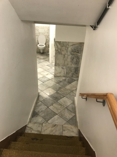 Basement restrooms at a restaurant in Gent. Aba Jour. cool marble look, men &amp; woman together.