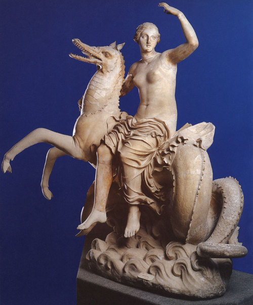 records-of-fortune:  Marble sculpture. Nereid (Sea nymph) mounted on a sea monster. 1st Century BC (