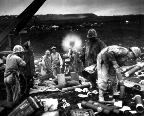 American artillery firing at Iwo Jima, 1945, World War II.