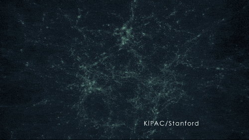 In front of a black background, there are millions of glowing green dots. They form a fine, wispy web stretching across the image, like old cobwebs that have collected dust. Over time, more dots collect at the vertices of the web. As the web gets thicker and thicker, the vertices grow and start moving towards each other and towards the center. The smaller dots circle the clumps, like bees buzzing around a hive, until they are pulled inward to join them. Eventually, the clumps merge to create a glowing green mass. The central mass ensnares more dots, coercing even those from the farthest reaches of the screen to circle it. Credit: Simulation: Wu, Hahn, Wechsler, Abel (KIPAC), Visualization: Kaehler (KIPAC)