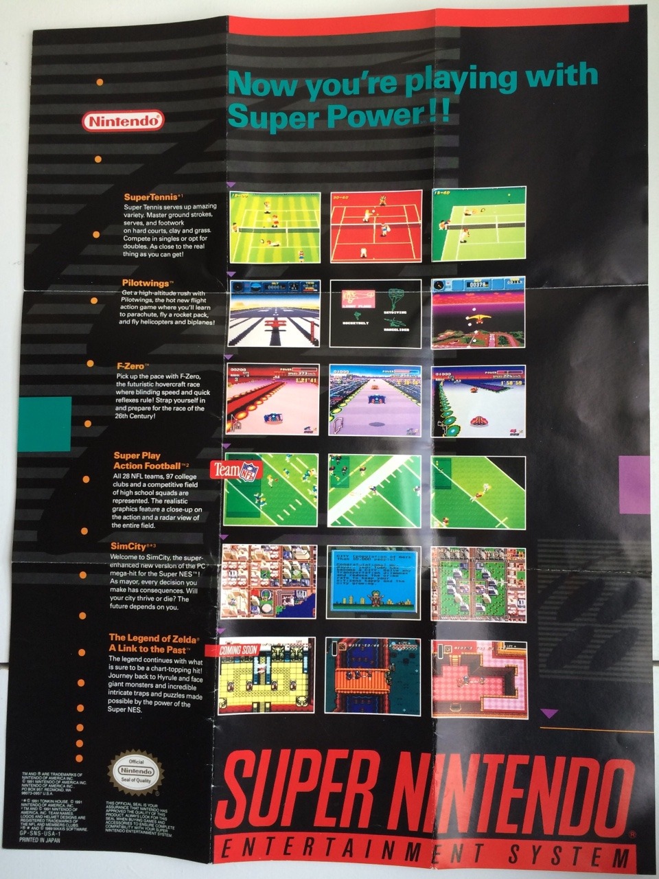 Nintendo flier from 1991 with some early SNES games. Pilotwings, F-Zero, and SimCity were launch releases in August, Super Tennis followed in November, Link to the Past was Apirl ‘92, and Super Play Action Football must have been delayed, not seeing...