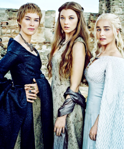 kit-harington:  Lena Headey as Cersei Lannister, Natalie Dormer as Margaery Tyrell and Emilia Clarke as Daenerys Targaryen for Entertainment Weekly. 