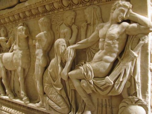 fishstickmonkey:Priam kneeling before Achilles, detail of a marble sarcophagus from Tyre, 2nd centur