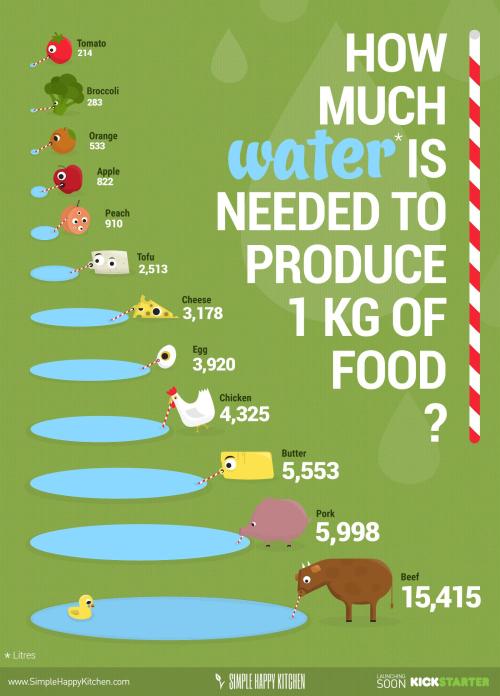 How much water is needed to produce 1kg of Food