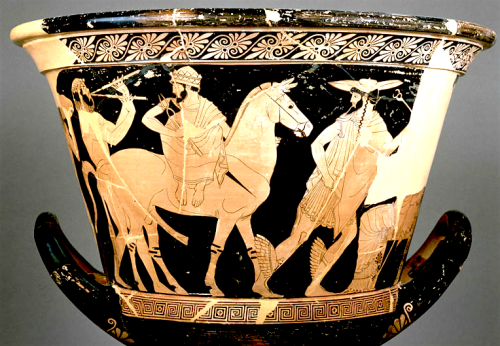 via-appia:Attic Red-Figure Calyx Krater, the return of Hephaestus to Olympia accompanied by Dionysus