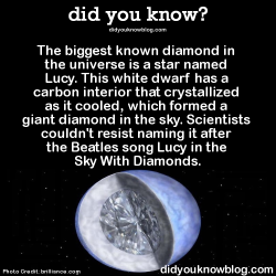 did-you-kno:  The biggest known diamond in the universe is a star named Lucy. This white dwarf has a carbon interior that crystallized as it cooled, which formed a giant diamond in the sky. Scientists couldn’t resist naming it after the Beatles song