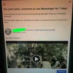 Facebook jail uuuuuuuugh 🖕🏼 you Facebook and  your stupid senseless restrictions even if the post was the whole movie “Cannibal Holocaust” it was within a private 18+ style group and yet still someone/somebody reported it aaaaaand idk why or